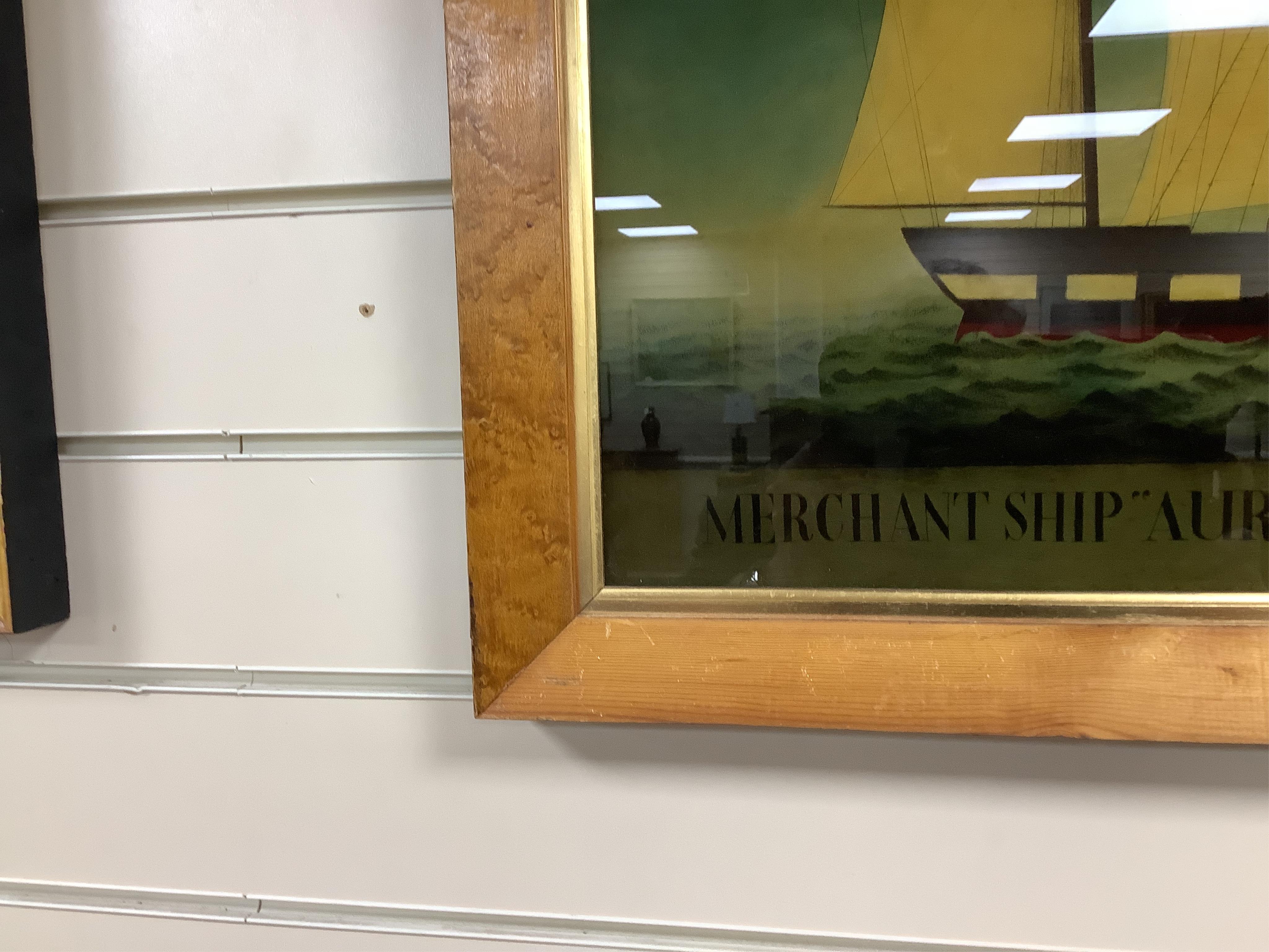 Two reverse glass prints, to include merchant ship Aurora of Boston, Massachusetts, Captain John Adam, 51 x 72cm, each maple framed